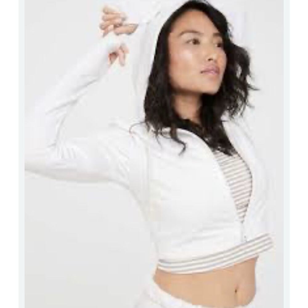 OFFLINE By Aerie Full Zip Cotton Y2K Preppy Cropped Hoodie White Medium A005706